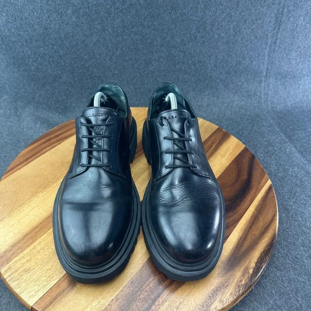AllSaints Mens Black Leather Chunky Lug Sole Derby Jarred Shoes EU 44 US 11